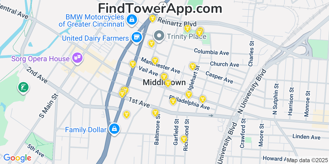 Map showing the 20 primary cell tower locations detected in Middletown, Ohio from AT&T, Verizon, and T-Mobile networks