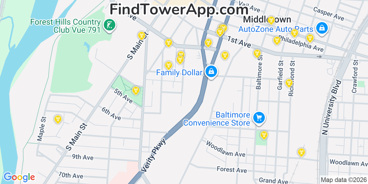 Map showing the 20 primary cell tower locations detected in Middletown, Ohio from AT&T, Verizon, and T-Mobile networks