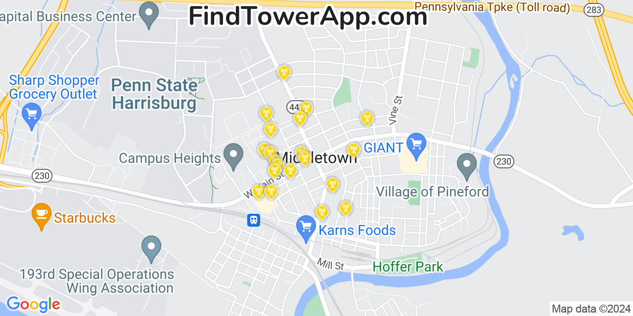 AT&T 4G/5G cell tower coverage map Middletown, Pennsylvania