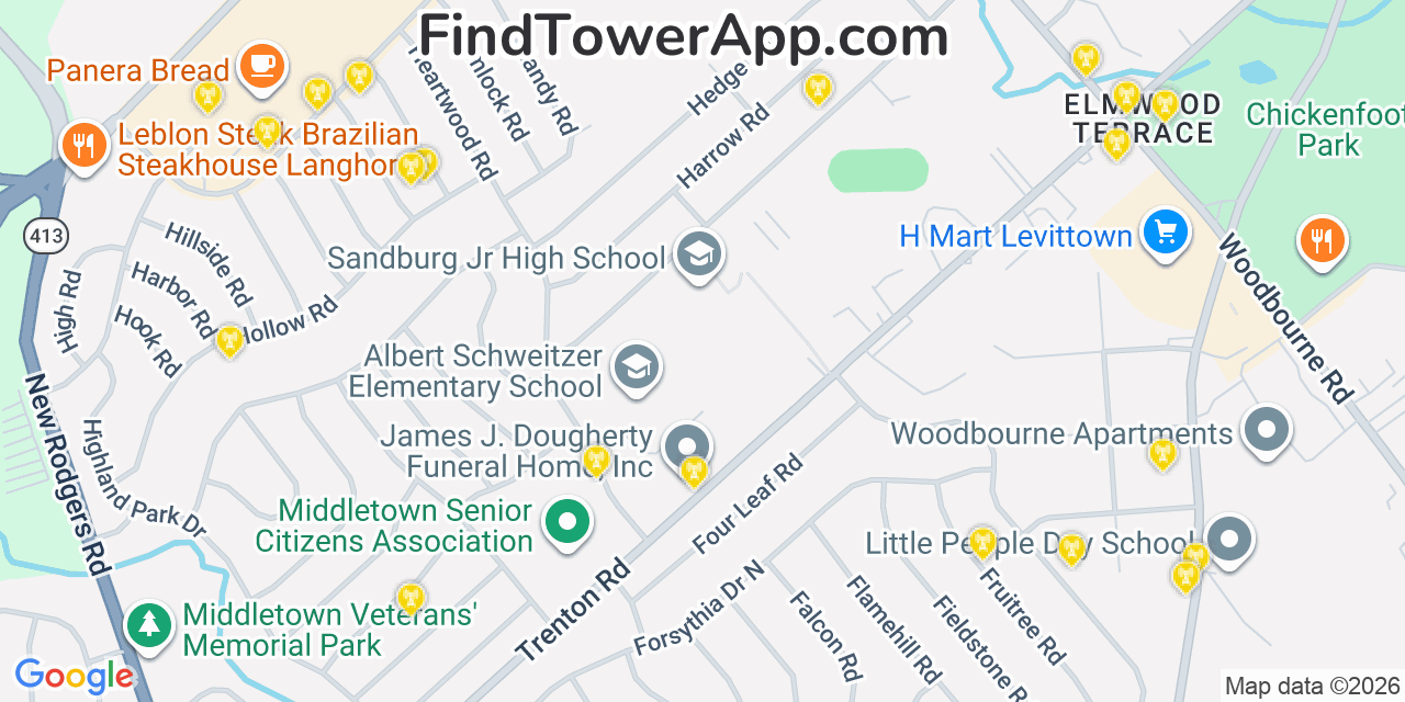 Map showing the 20 primary cell tower locations detected in Middletown, Pennsylvania from AT&T, Verizon, and T-Mobile networks