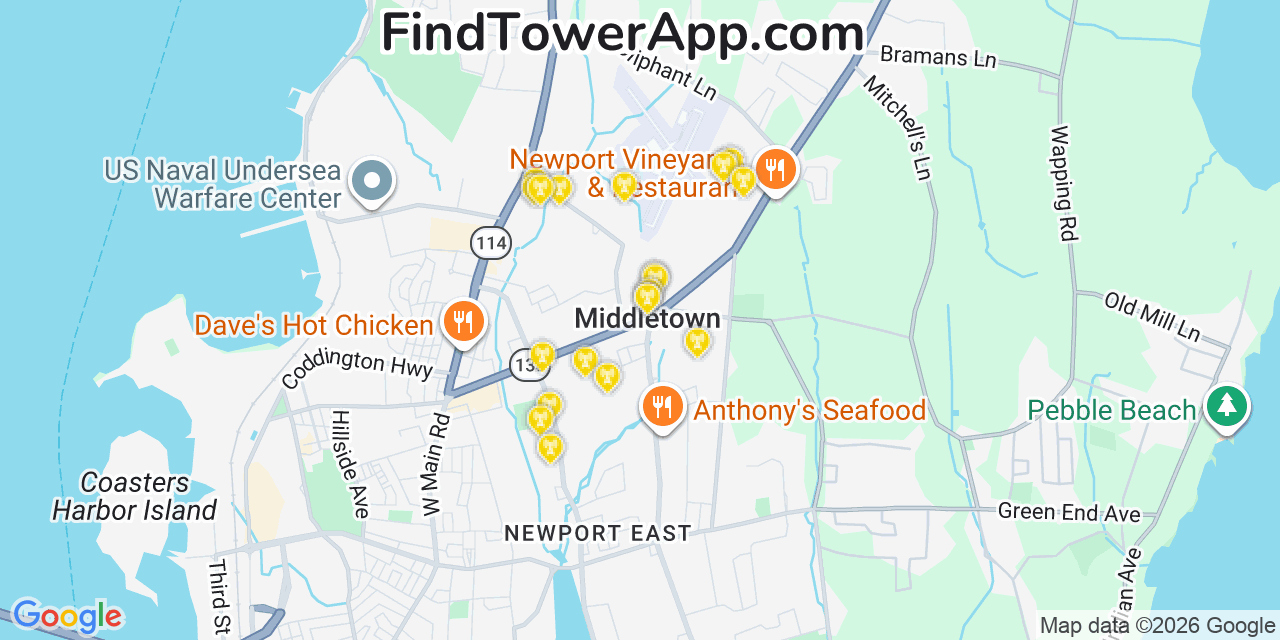 Map showing the 20 primary cell tower locations detected in Middletown, Rhode Island from AT&T, Verizon, and T-Mobile networks