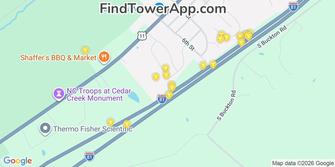Map showing the 20 primary cell tower locations detected in Middletown, Virginia from AT&T, Verizon, and T-Mobile networks