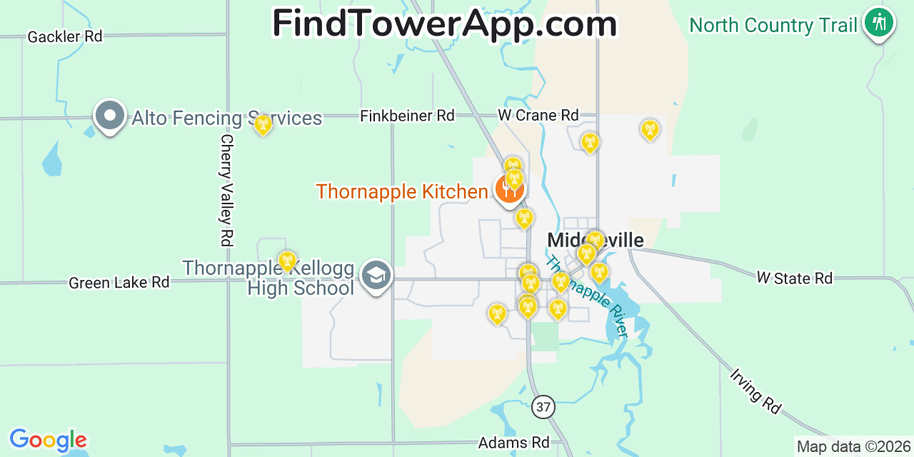 Map showing the 20 primary cell tower locations detected in Middleville, Michigan from AT&T, Verizon, and T-Mobile networks