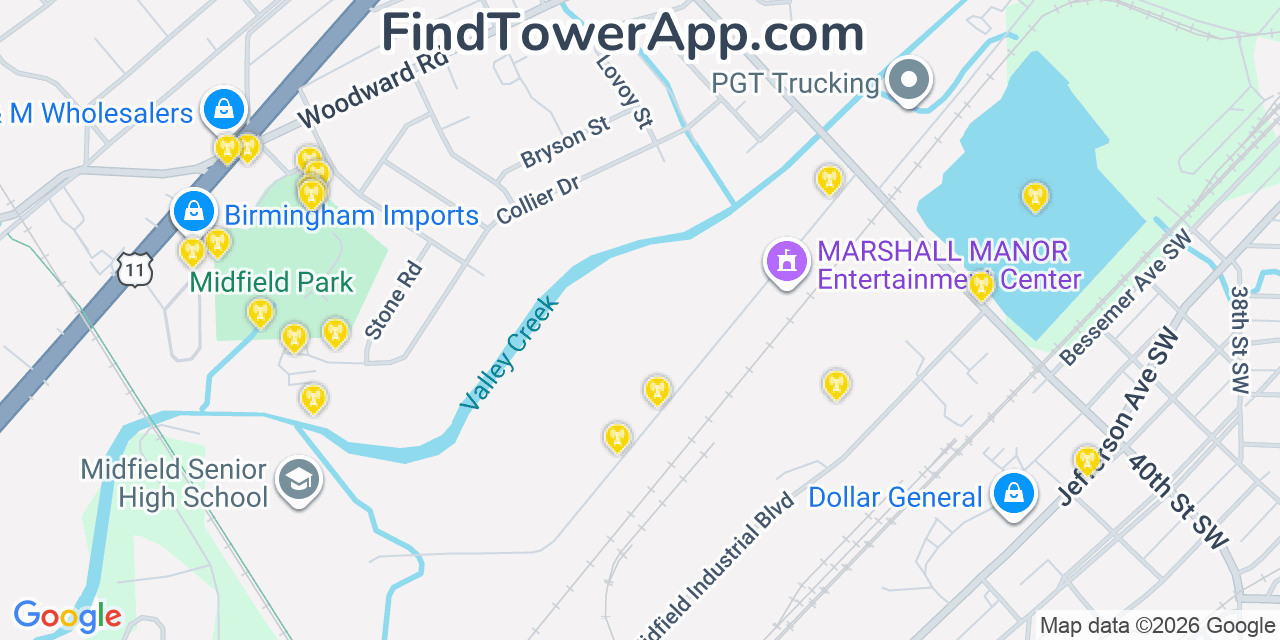 Map showing the 20 primary cell tower locations detected in Midfield, Alabama from AT&T, Verizon, and T-Mobile networks