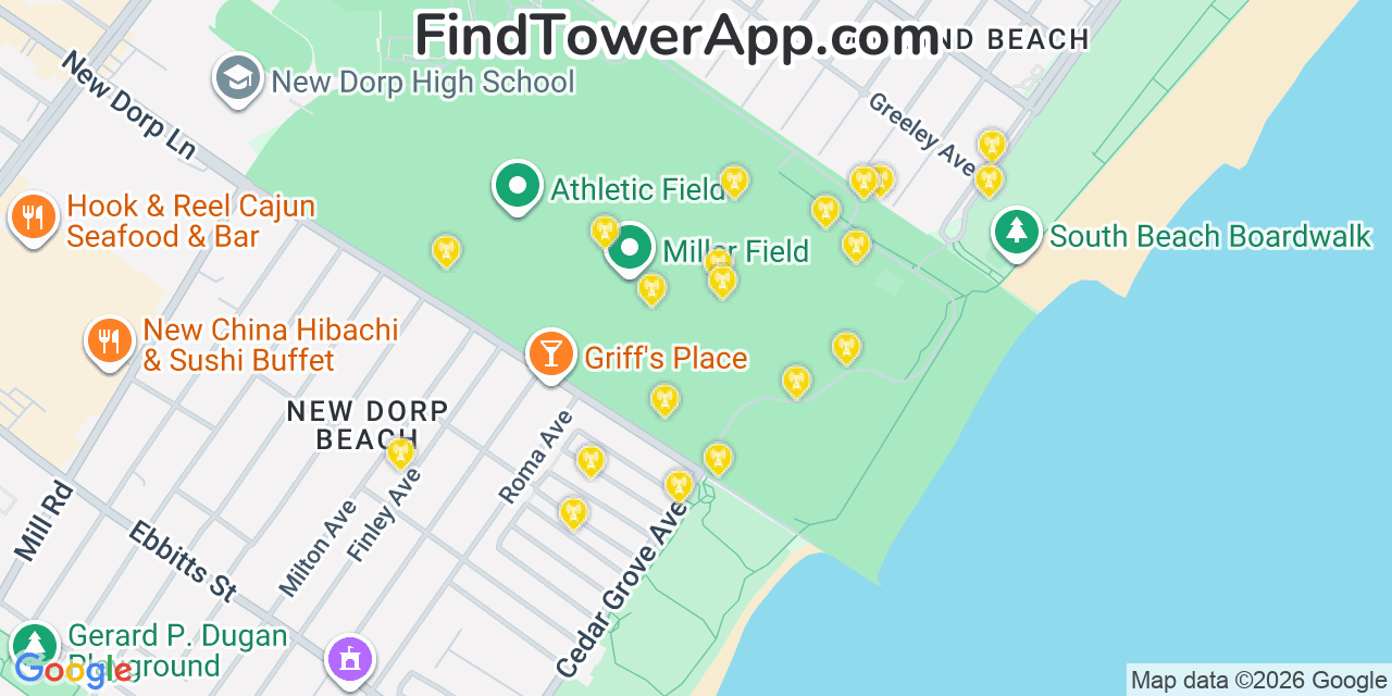 Map showing the 20 primary cell tower locations detected in Midland Beach, New York from AT&T, Verizon, and T-Mobile networks