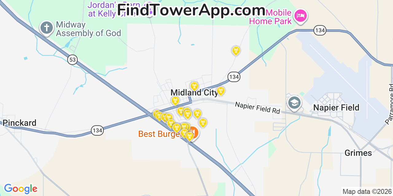 Map showing the 20 primary cell tower locations detected in Midland City, Alabama from AT&T, Verizon, and T-Mobile networks