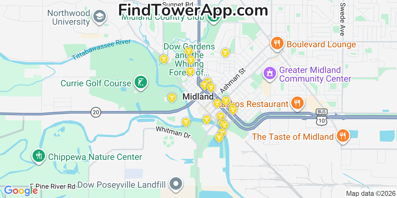 Map showing the 20 primary cell tower locations detected in Midland, Michigan from AT&T, Verizon, and T-Mobile networks