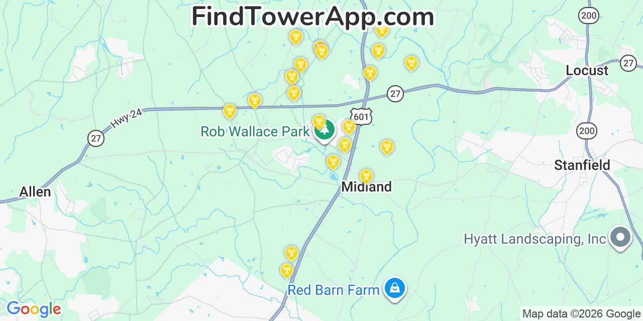 Map showing the 20 primary cell tower locations detected in Midland, North Carolina from AT&T, Verizon, and T-Mobile networks