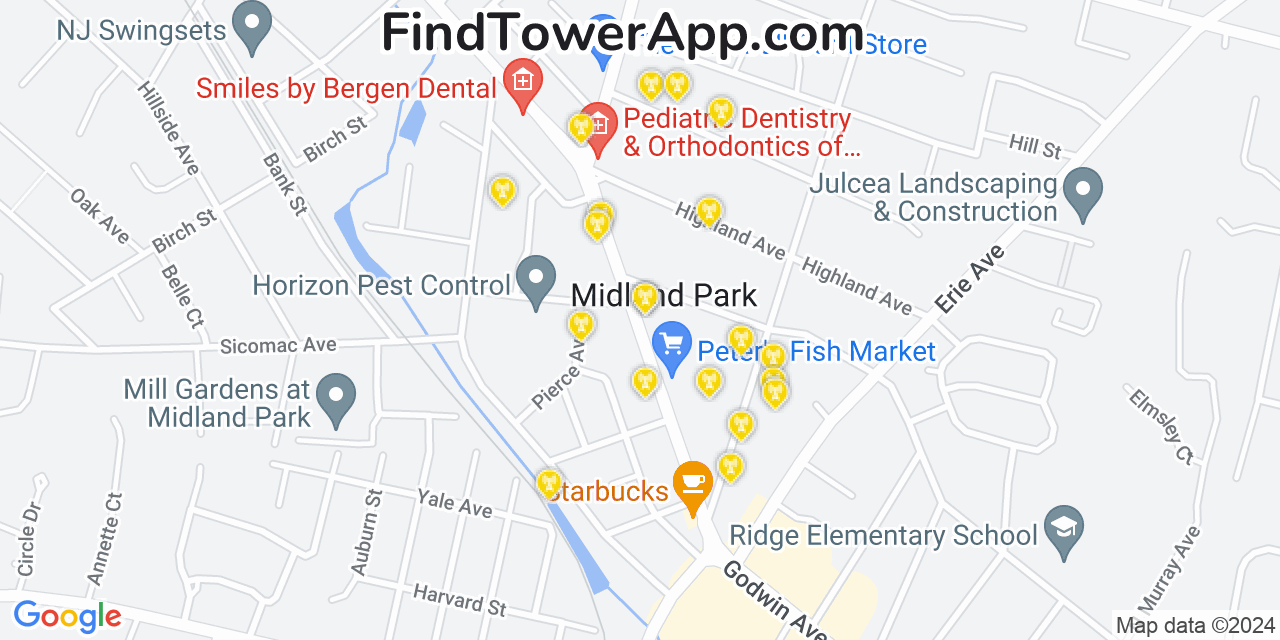 AT&T 4G/5G cell tower coverage map Midland Park, New Jersey