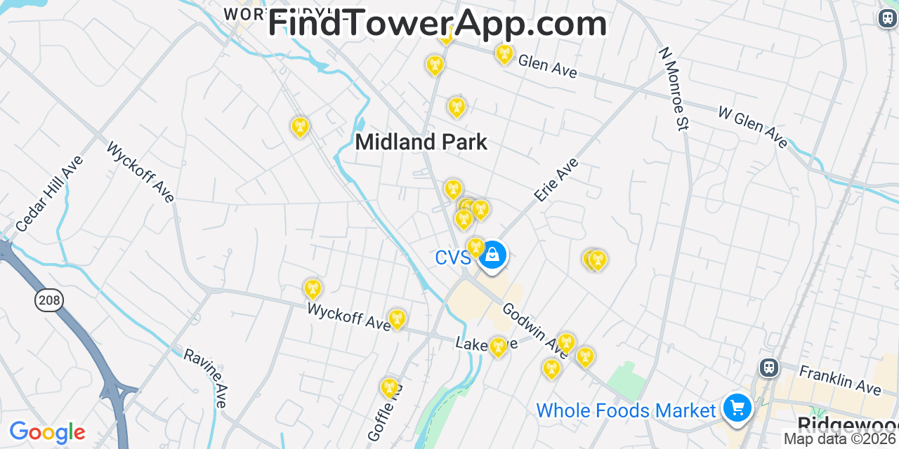 Map showing the 20 primary cell tower locations detected in Midland Park, New Jersey from AT&T, Verizon, and T-Mobile networks