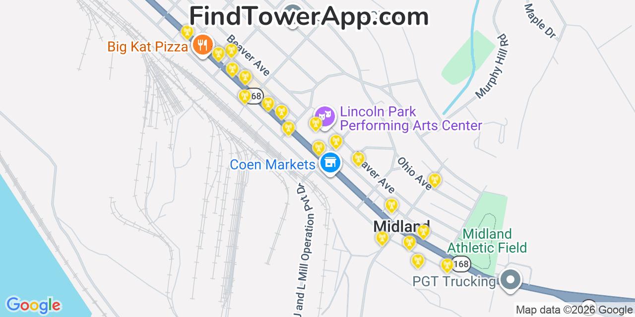 Map showing the 20 primary cell tower locations detected in Midland, Pennsylvania from AT&T, Verizon, and T-Mobile networks