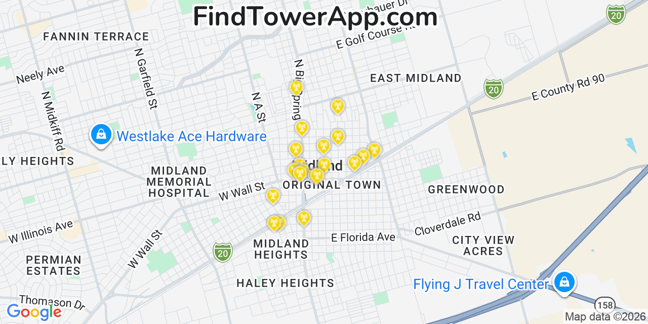 Map showing the 20 primary cell tower locations detected in Midland, Texas from AT&T, Verizon, and T-Mobile networks
