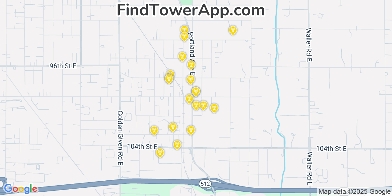Map showing the 20 primary cell tower locations detected in Midland, Washington from AT&T, Verizon, and T-Mobile networks