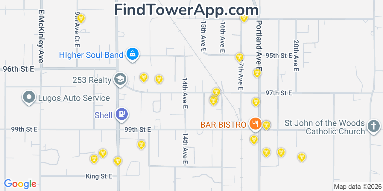 Map showing the 20 primary cell tower locations detected in Midland, Washington from AT&T, Verizon, and T-Mobile networks