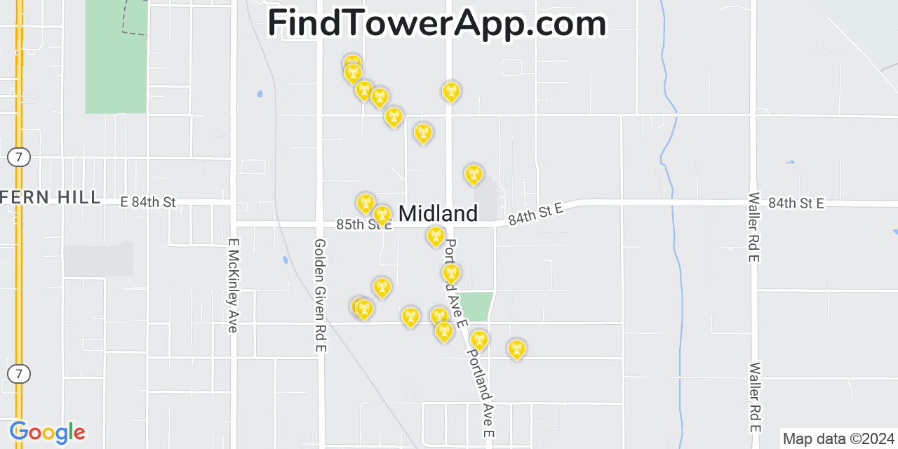 Verizon 4G/5G cell tower coverage map Midland, Washington