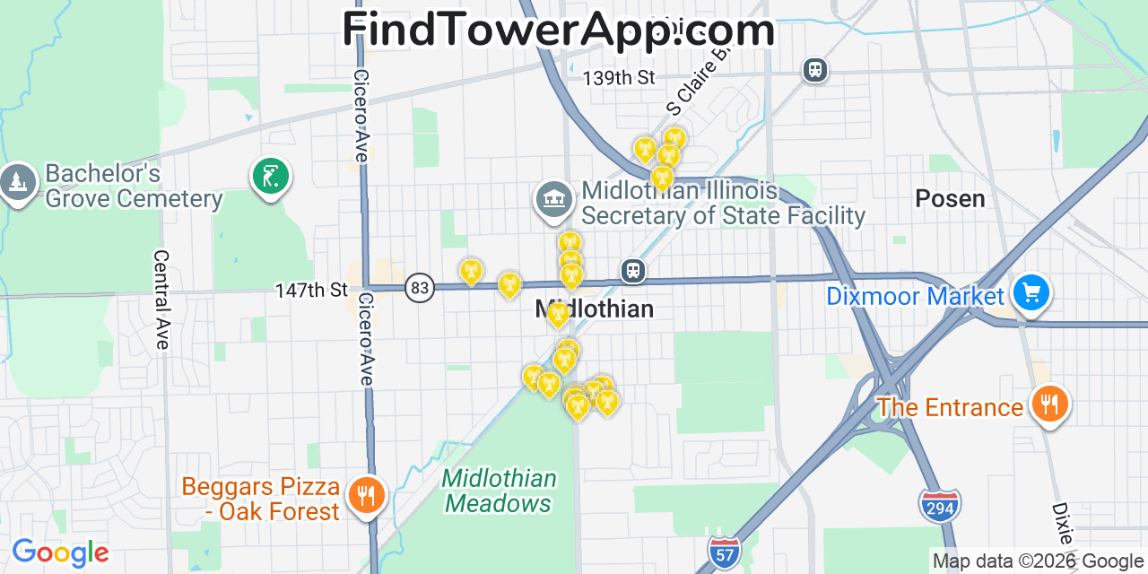 Map showing the 20 primary cell tower locations detected in Midlothian, Illinois from AT&T, Verizon, and T-Mobile networks