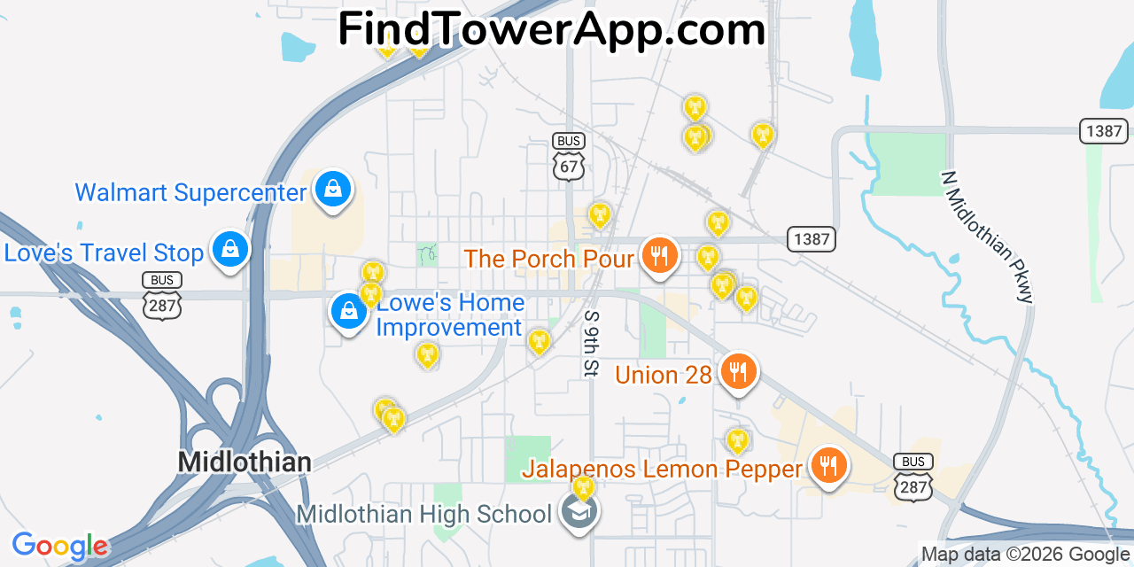 Map showing the 20 primary cell tower locations detected in Midlothian, Texas from AT&T, Verizon, and T-Mobile networks