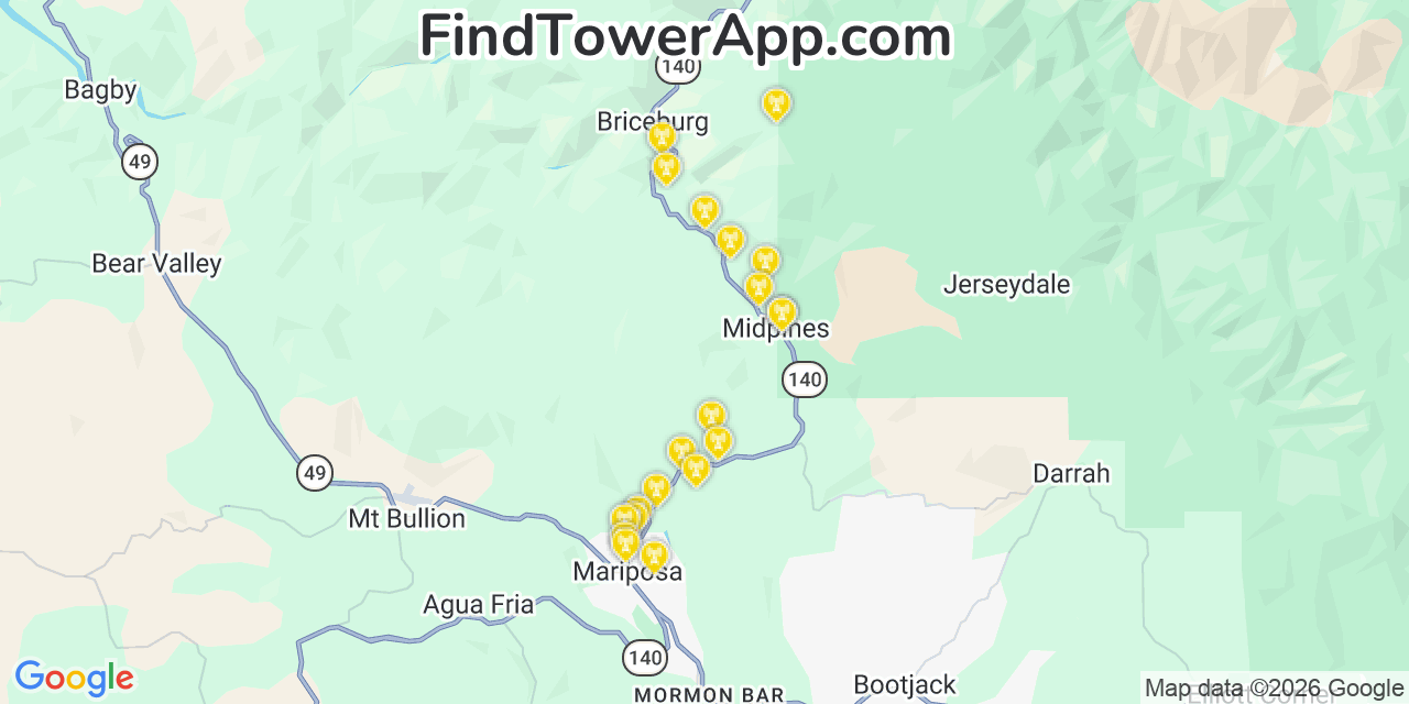 Map showing the 20 primary cell tower locations detected in Midpines, California from AT&T, Verizon, and T-Mobile networks