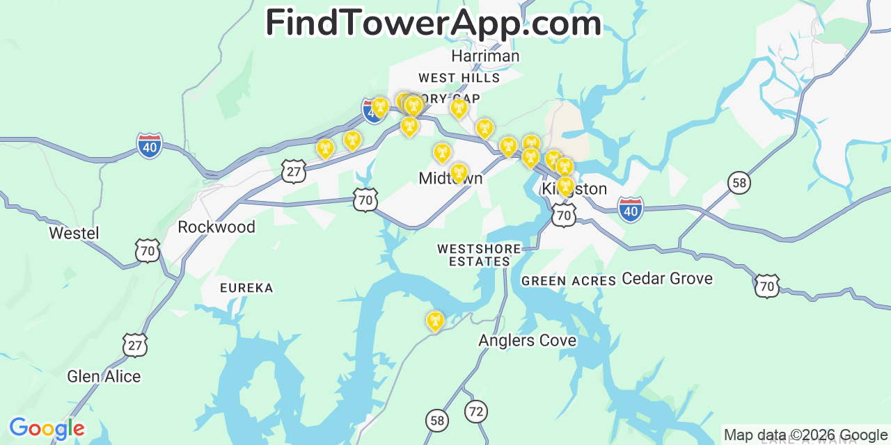 Map showing the 20 primary cell tower locations detected in Midtown, Tennessee from AT&T, Verizon, and T-Mobile networks