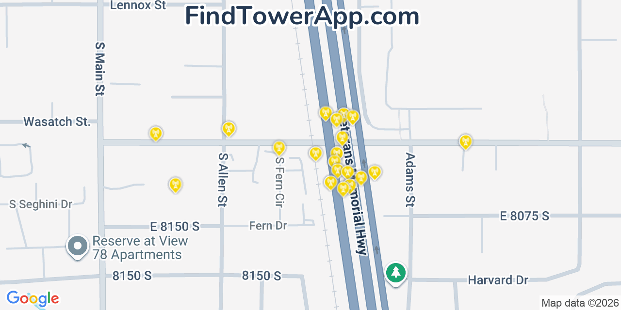 Map showing the 20 primary cell tower locations detected in Midvale, Utah from AT&T, Verizon, and T-Mobile networks