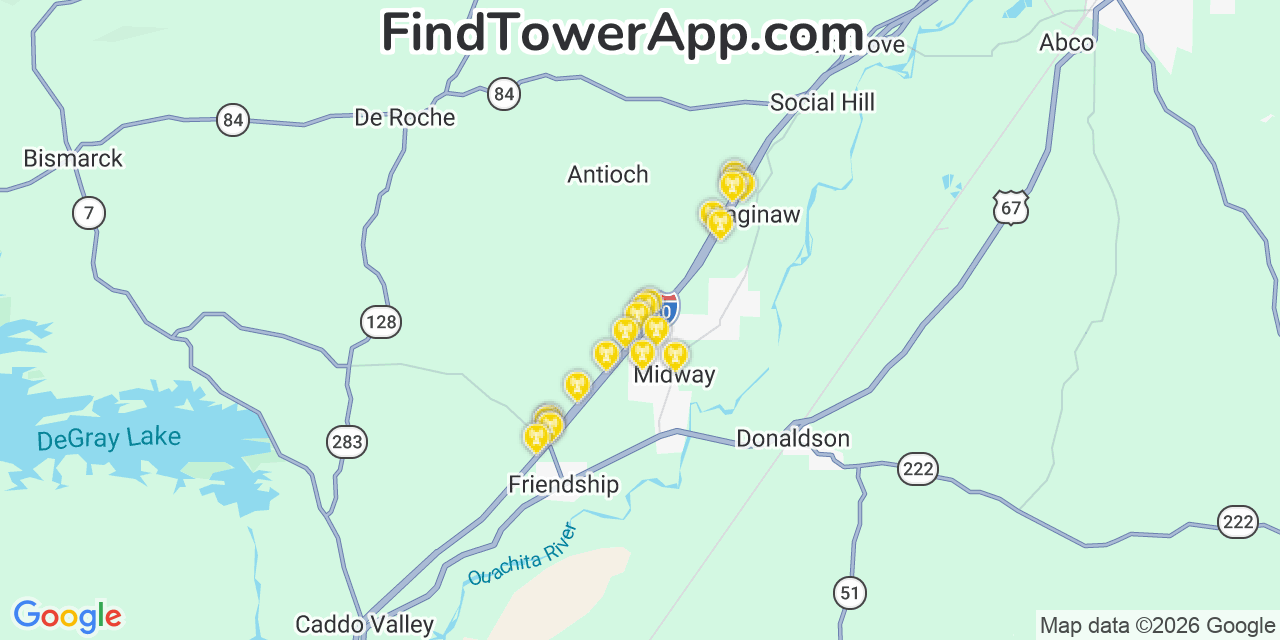 Map showing the 20 primary cell tower locations detected in Midway, Arkansas from AT&T, Verizon, and T-Mobile networks
