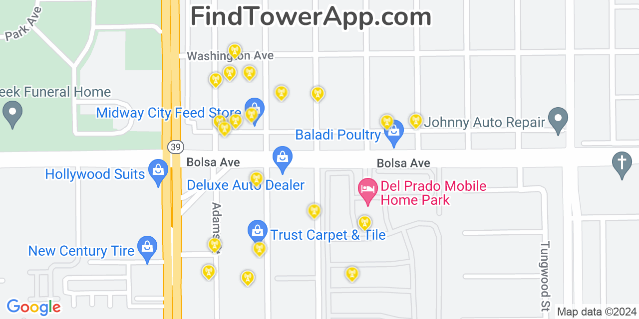 AT&T 4G/5G cell tower coverage map Midway City, California