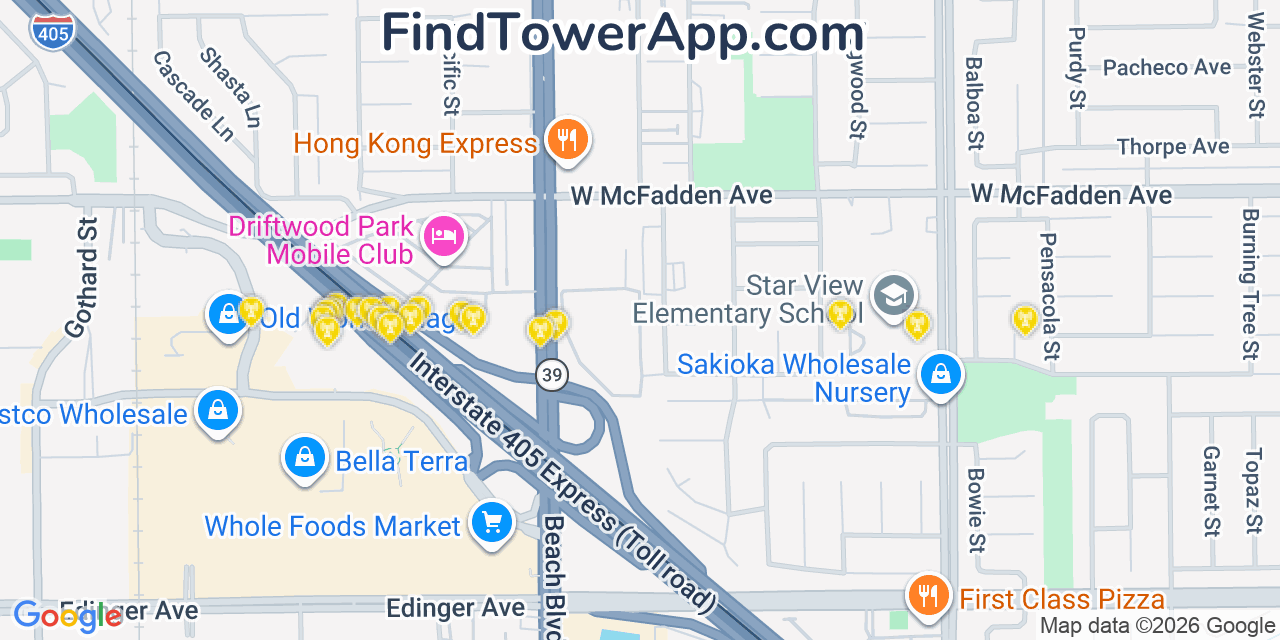 Map showing the 20 primary cell tower locations detected in Midway City, California from AT&T, Verizon, and T-Mobile networks
