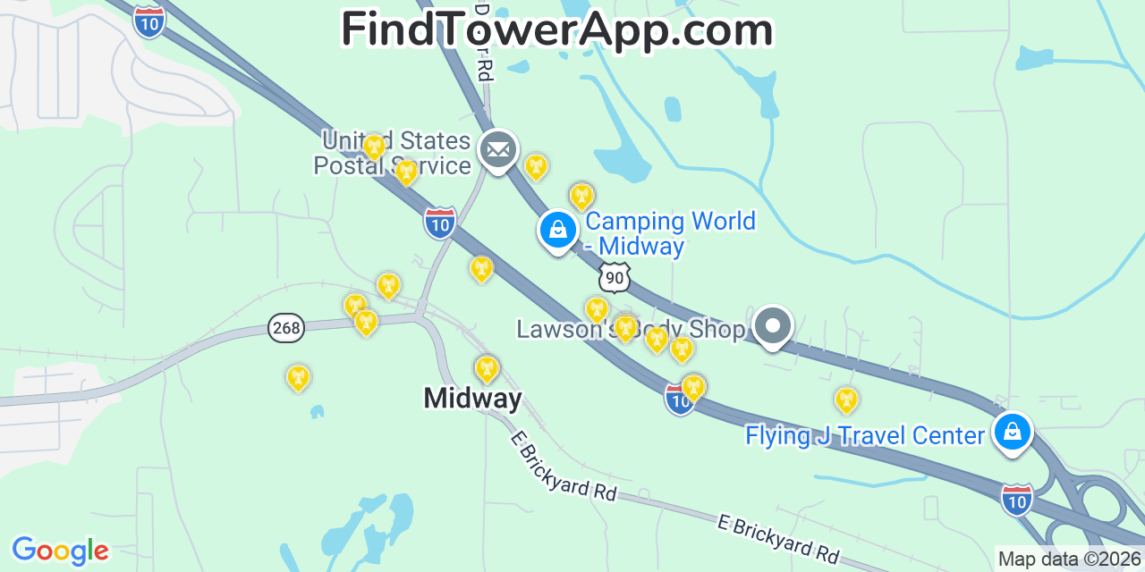 Map showing the 20 primary cell tower locations detected in Midway, Florida from AT&T, Verizon, and T-Mobile networks