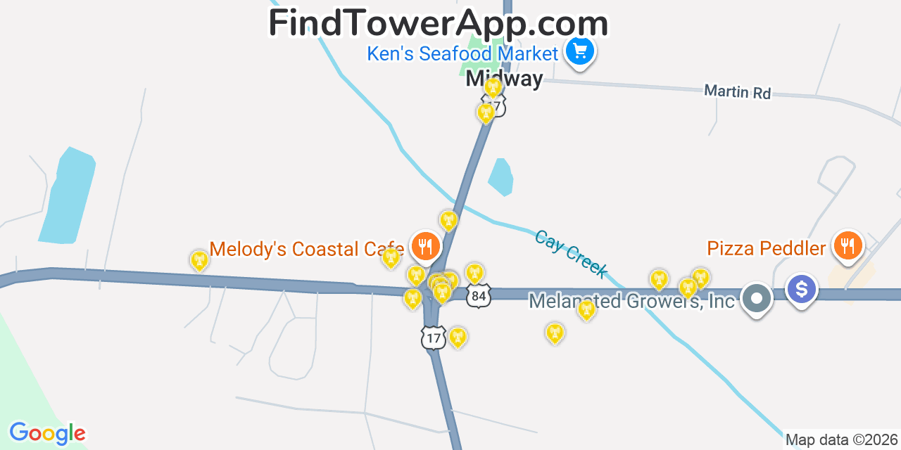 Map showing the 20 primary cell tower locations detected in Midway, Georgia from AT&T, Verizon, and T-Mobile networks