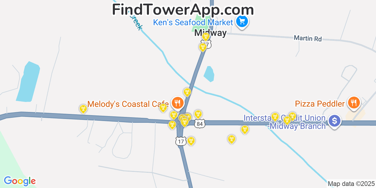 Map showing the 20 primary Mobitel cell tower locations detected in Midway, Georgia with coverage radius and signal strength indicators
