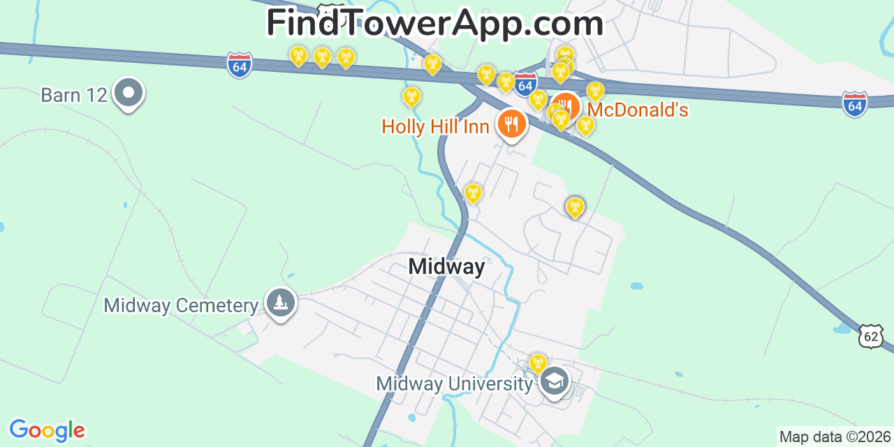 Map showing the 20 primary cell tower locations detected in Midway, Kentucky from AT&T, Verizon, and T-Mobile networks