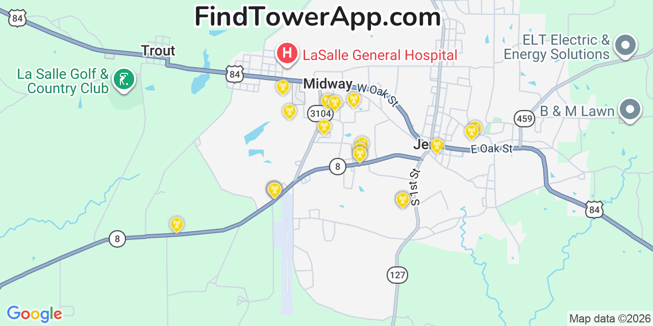 Map showing the 20 primary cell tower locations detected in Midway, Louisiana from AT&T, Verizon, and T-Mobile networks