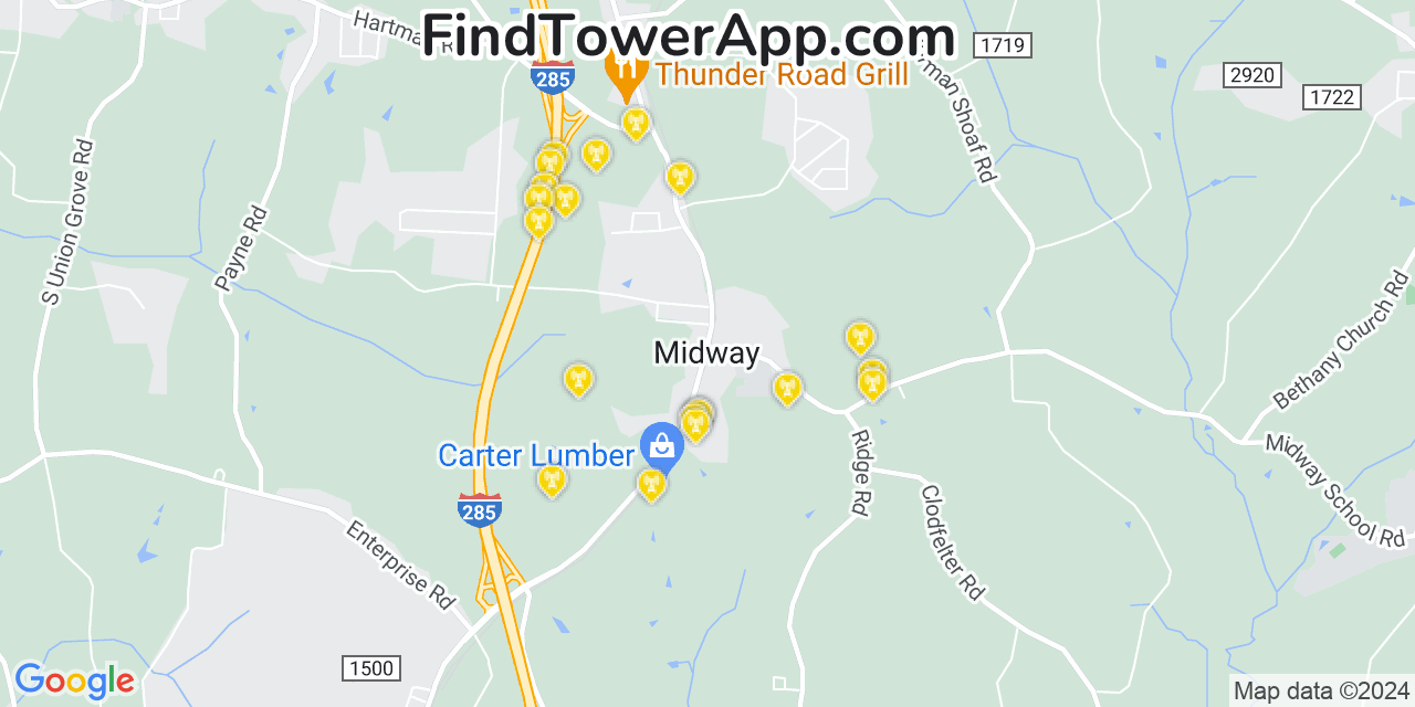 AT&T 4G/5G cell tower coverage map Midway, North Carolina