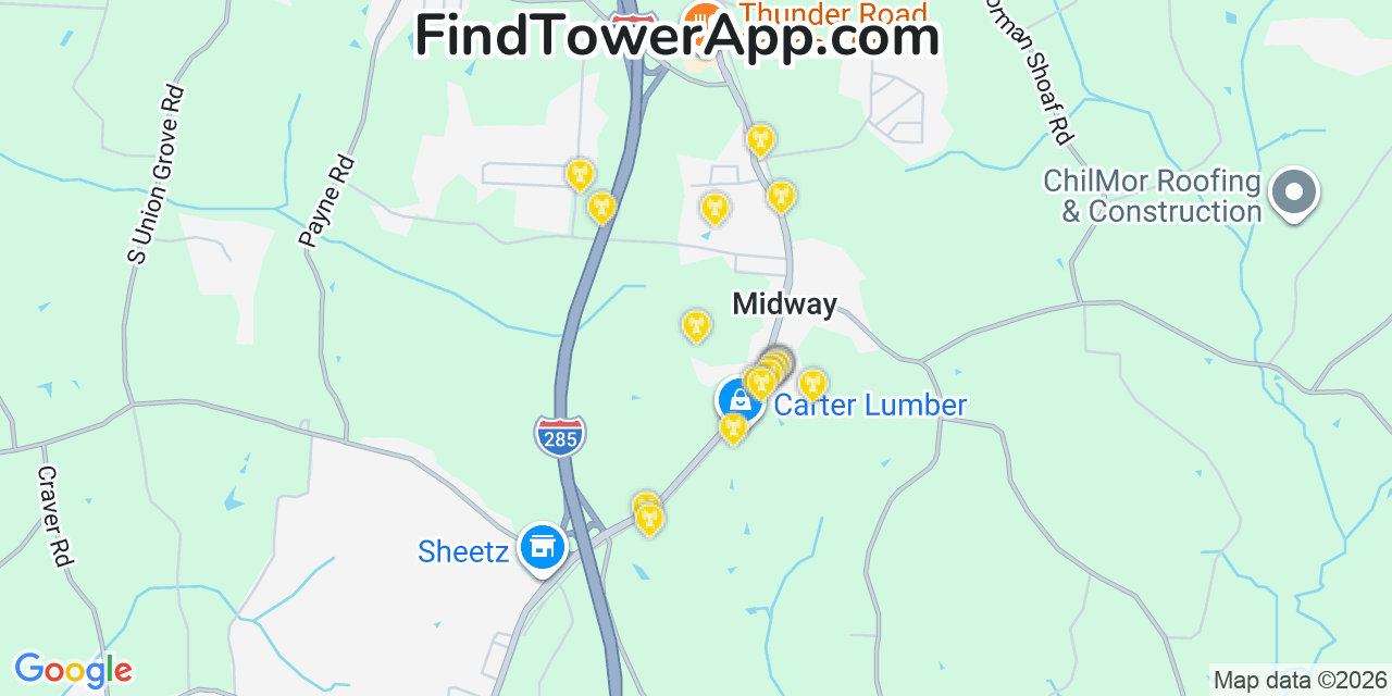 Map showing the 20 primary cell tower locations detected in Midway, North Carolina from AT&T, Verizon, and T-Mobile networks