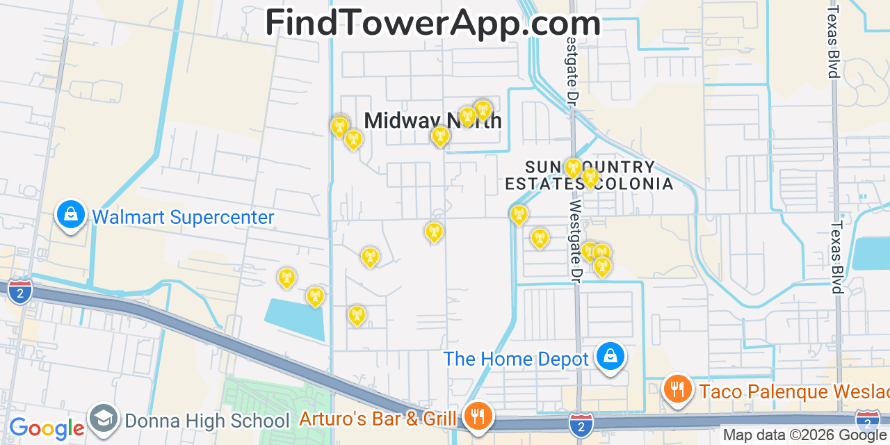 Map showing the 20 primary cell tower locations detected in Midway North, Texas from AT&T, Verizon, and T-Mobile networks
