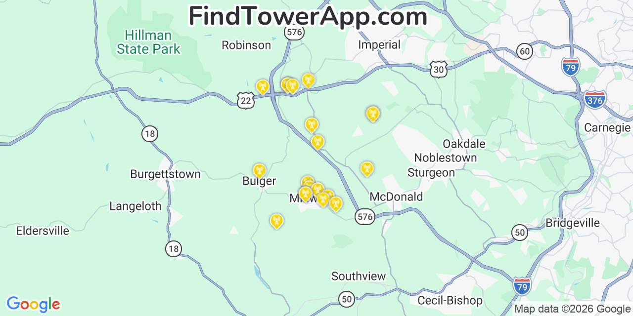 Map showing the 20 primary cell tower locations detected in Midway, Pennsylvania from AT&T, Verizon, and T-Mobile networks