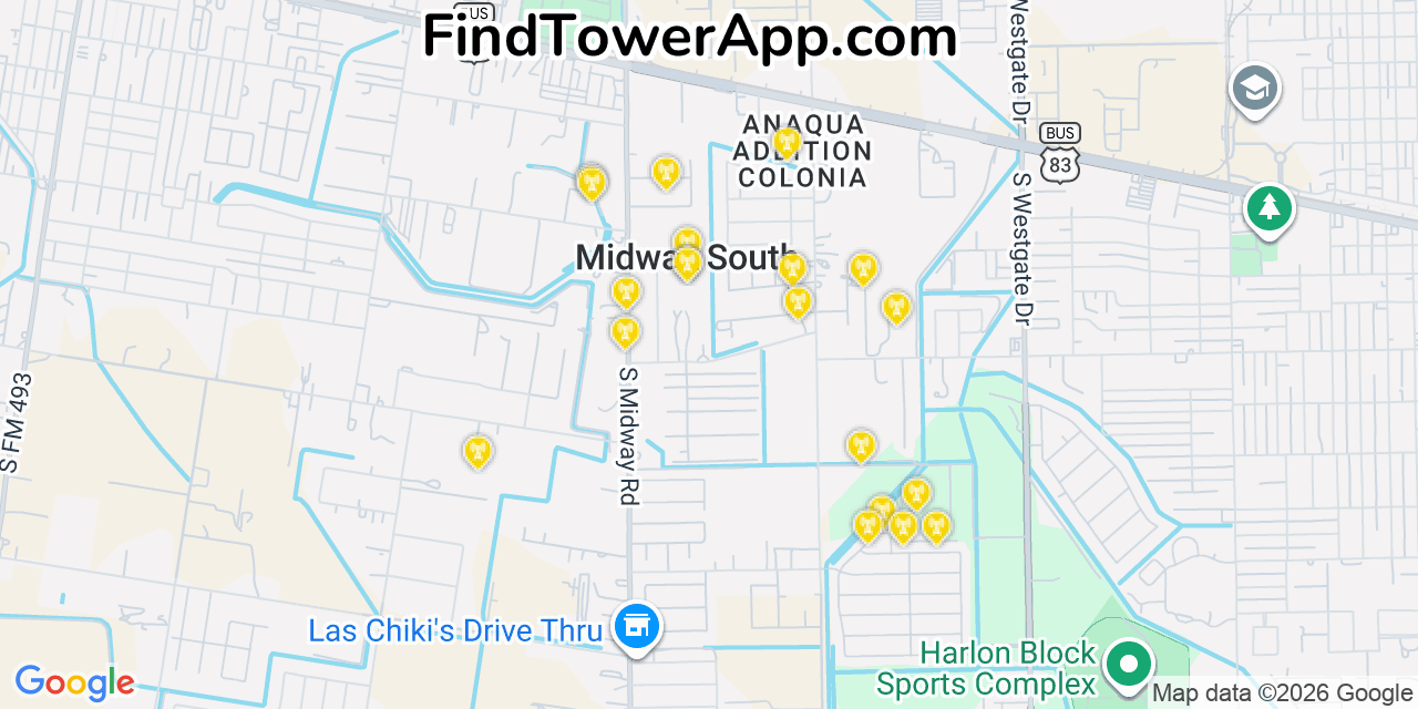 Map showing the 20 primary cell tower locations detected in Midway South, Texas from AT&T, Verizon, and T-Mobile networks