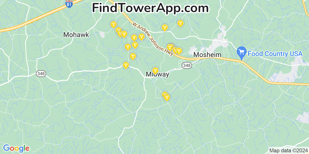 AT&T 4G/5G cell tower coverage map Midway, Tennessee