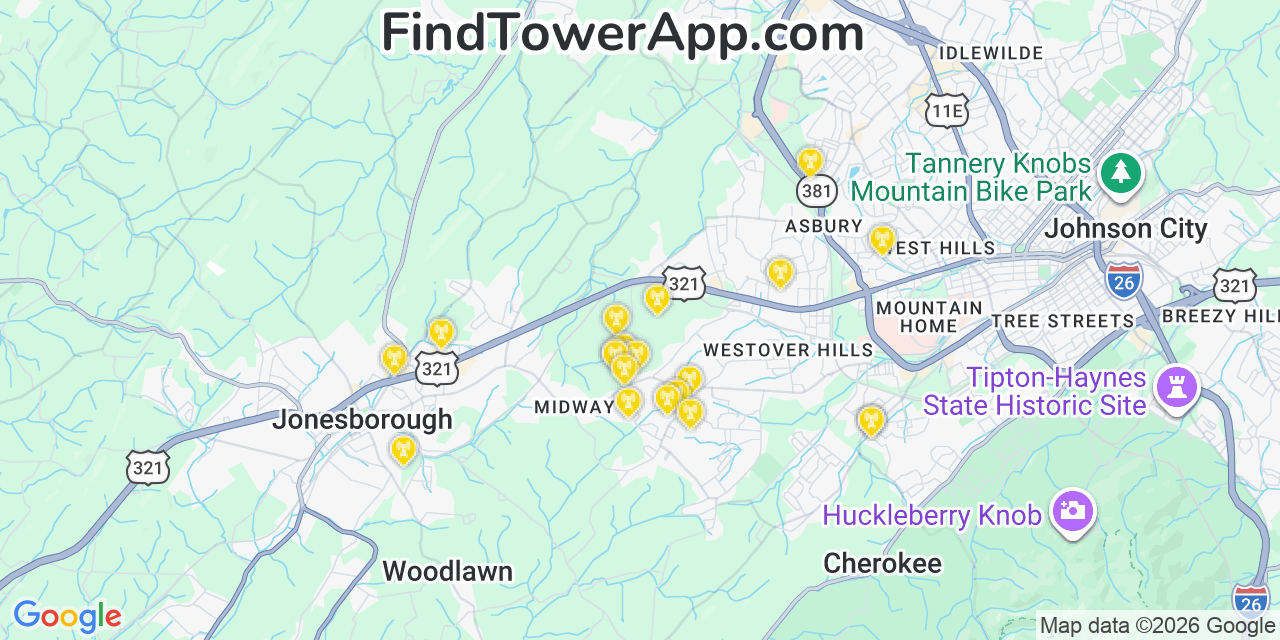 Map showing the 20 primary cell tower locations detected in Midway, Tennessee from AT&T, Verizon, and T-Mobile networks