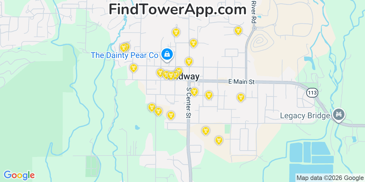 Map showing the 20 primary cell tower locations detected in Midway, Utah from AT&T, Verizon, and T-Mobile networks