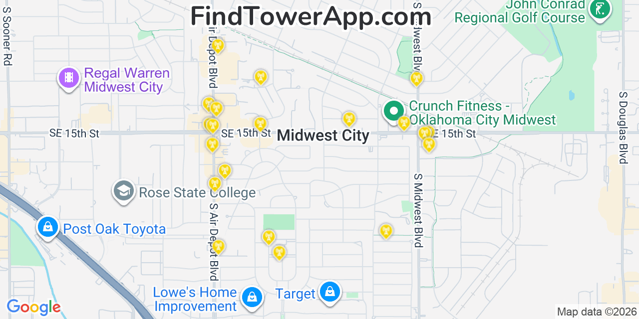 Map showing the 20 primary cell tower locations detected in Midwest City, Oklahoma from AT&T, Verizon, and T-Mobile networks