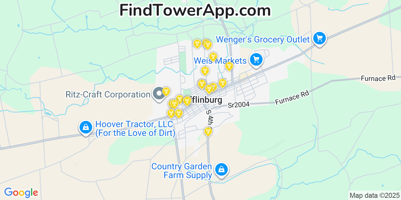 Map showing the 20 primary cell tower locations detected in Mifflinburg, Pennsylvania from AT&T, Verizon, and T-Mobile networks