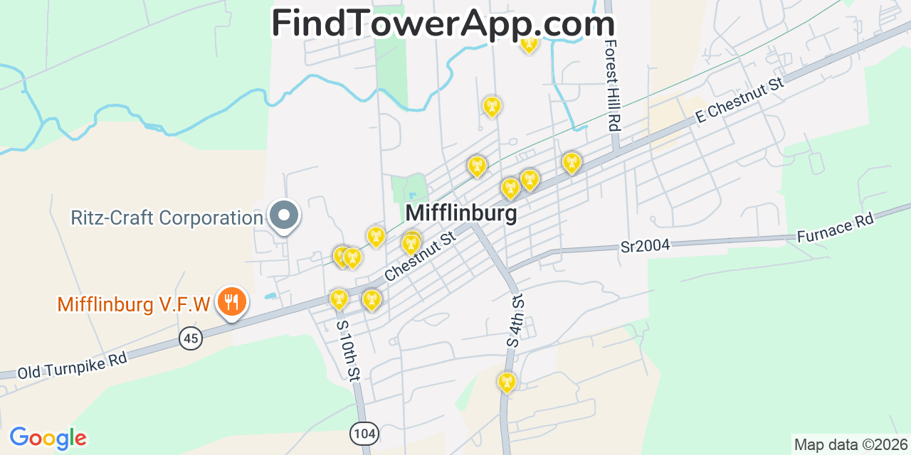 Map showing the 20 primary cell tower locations detected in Mifflinburg, Pennsylvania from AT&T, Verizon, and T-Mobile networks