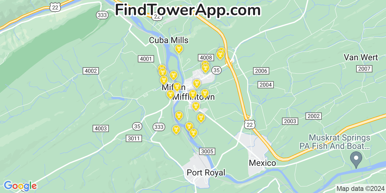 AT&T 4G/5G cell tower coverage map Mifflintown, Pennsylvania