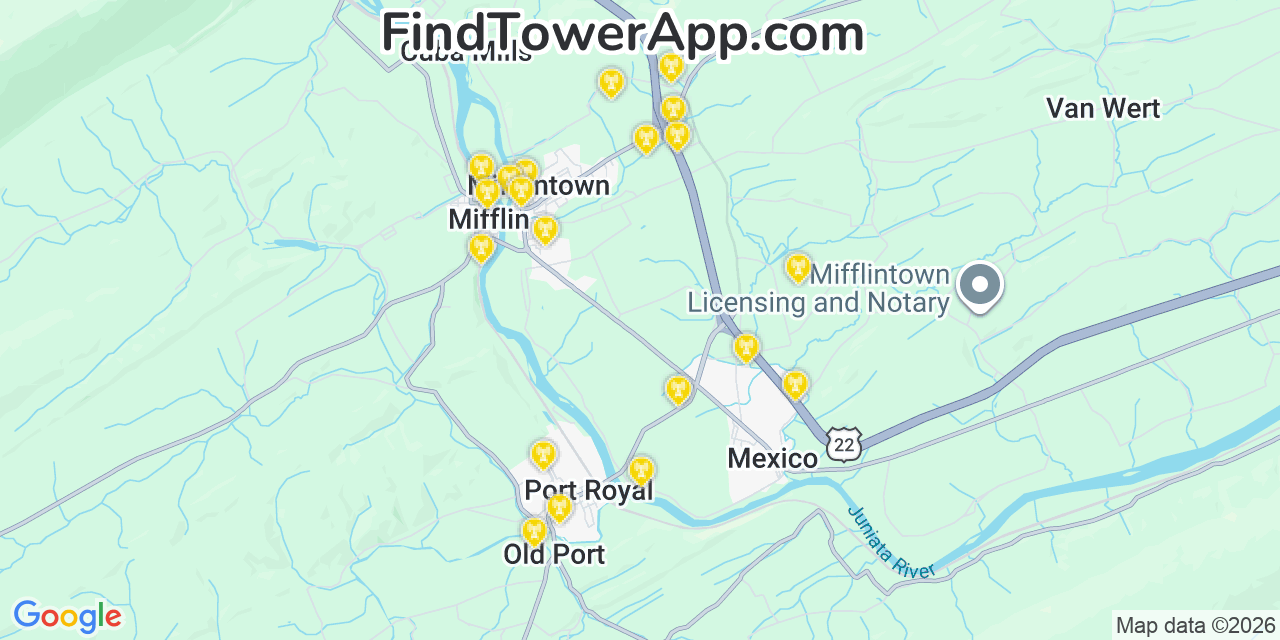 Map showing the 20 primary cell tower locations detected in Mifflintown, Pennsylvania from AT&T, Verizon, and T-Mobile networks