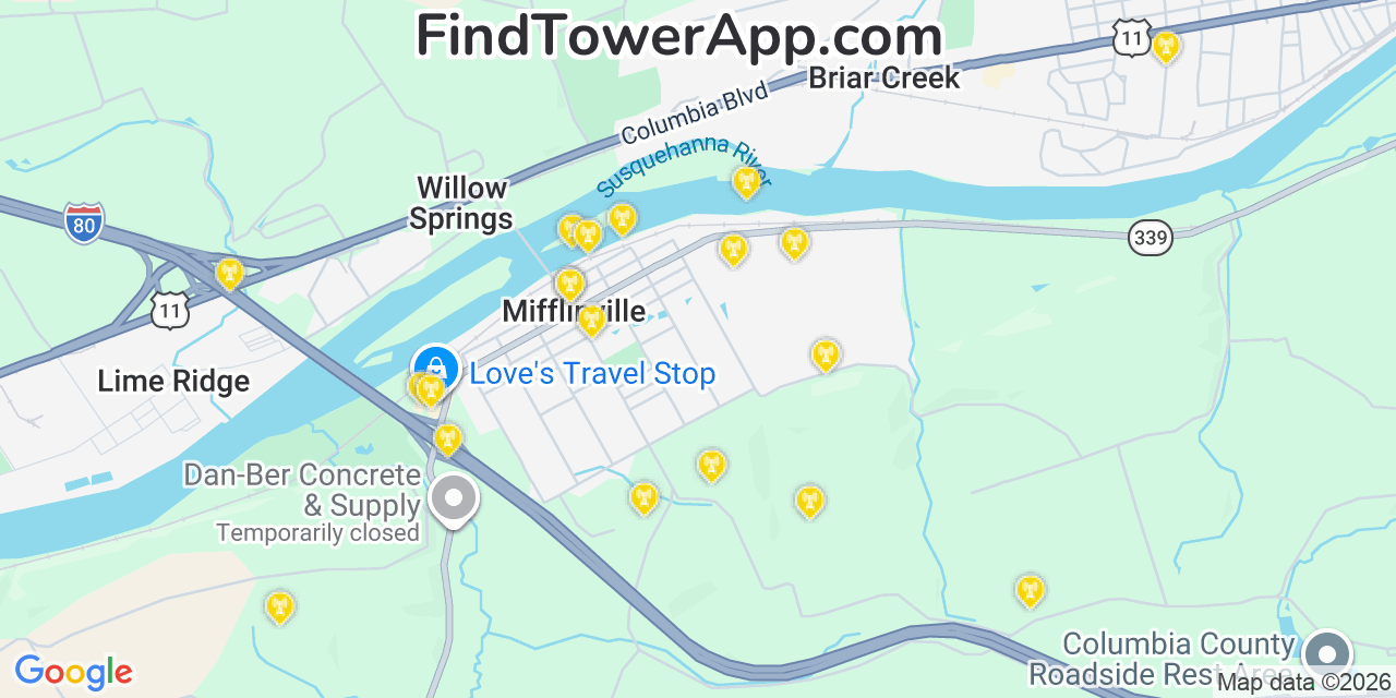 Map showing the 20 primary cell tower locations detected in Mifflinville, Pennsylvania from AT&T, Verizon, and T-Mobile networks