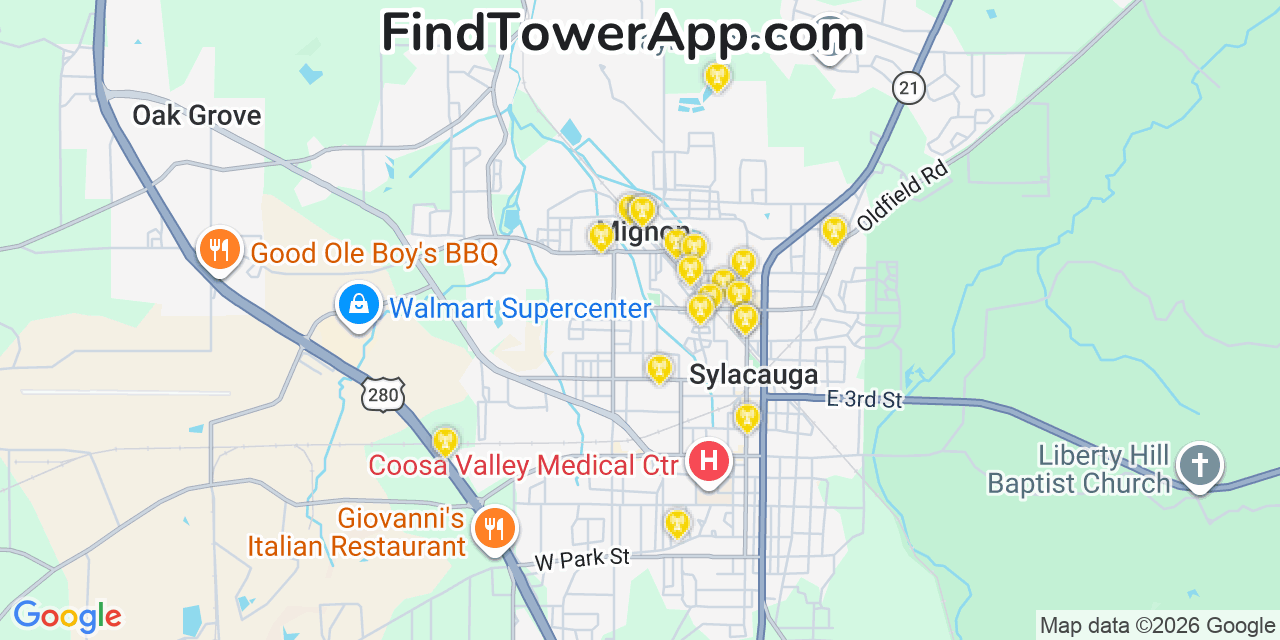 Map showing the 20 primary cell tower locations detected in Mignon, Alabama from AT&T, Verizon, and T-Mobile networks
