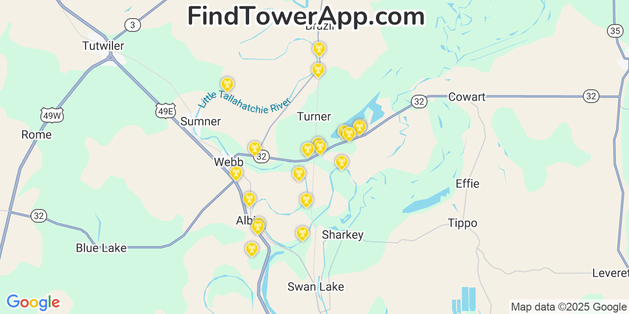 Map showing the 20 primary cell tower locations detected in Mikoma, Mississippi from AT&T, Verizon, and T-Mobile networks