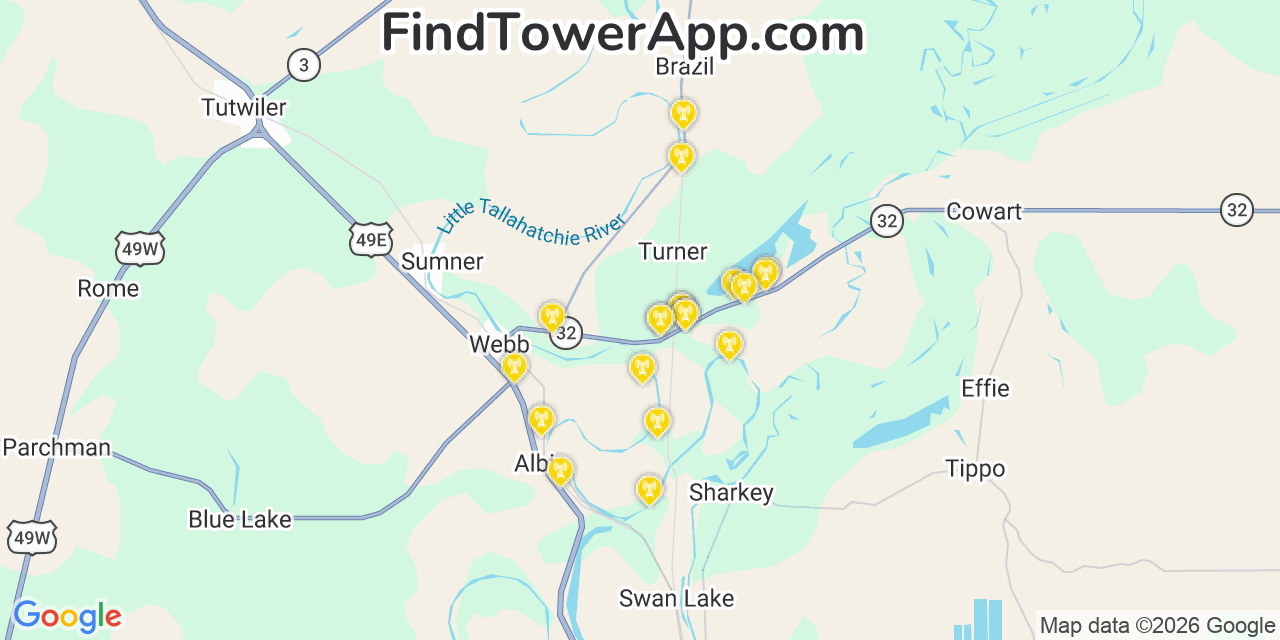 Map showing the 20 primary cell tower locations detected in Mikoma, Mississippi from AT&T, Verizon, and T-Mobile networks
