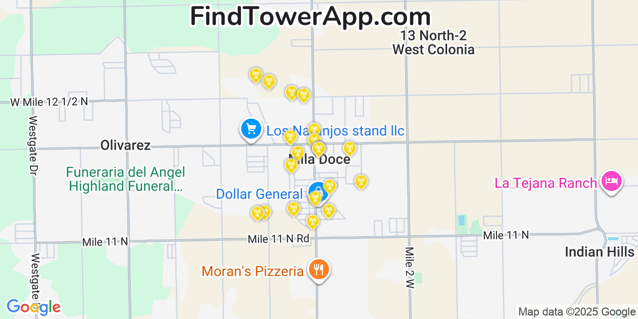 Map showing the 20 primary cell tower locations detected in Mila Doce, Texas from AT&T, Verizon, and T-Mobile networks